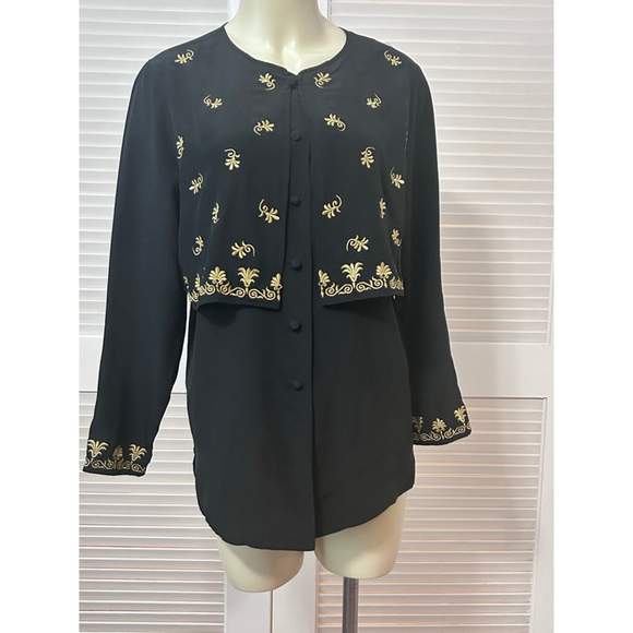Diane von Furstenberg Black Silk Gold Embroidered Blouse Size S - Picture 2 of 10